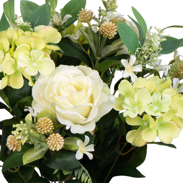Louis Maes Kunstbloemen boeket rozen/hortensia met bladgroen - creme wit/geel - H52 cm - Bloemstuk - Kunstbloemen