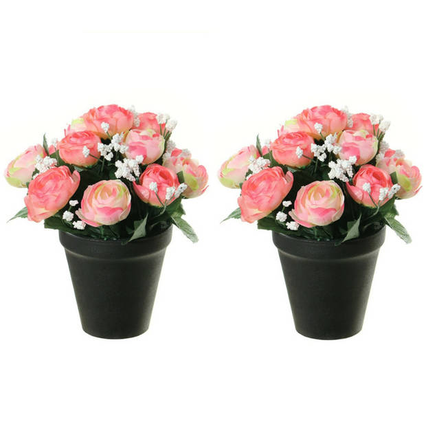 Louis Maes Kunstbloemen plant in pot - 2x - roze/wit tinten - 20 cm - Bloemenstuk ornament - Kunstbloemen