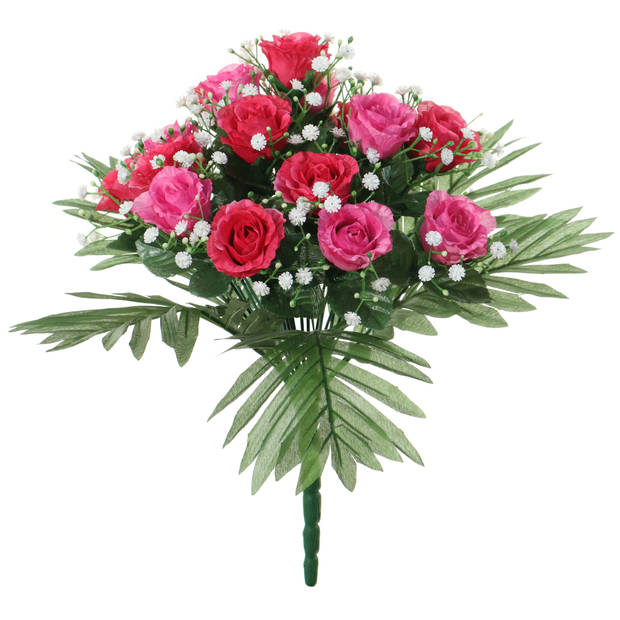 Louis Maes Kunstbloemen boeket rozen/gipskruid - roze/cerise - H36 cm - Bloemstuk - Bladgroen - Kunstbloemen