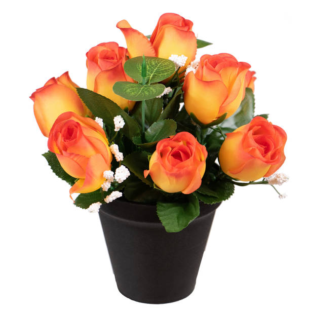 Louis Maes Kunstbloemen klein boeketje rozen in pot - oranje - H25 cm - Bloemstuk - Bladgroen - Kunstbloemen