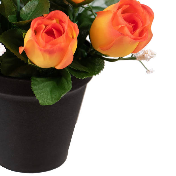 Louis Maes Kunstbloemen klein boeketje rozen in pot - oranje - H25 cm - Bloemstuk - Bladgroen - Kunstbloemen