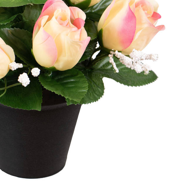 Louis Maes Kunstbloemen klein boeketje rozen in pot - creme/lichtroze - H25 cm - Bloemstuk - Bladgroen - Kunstbloemen