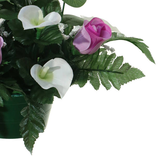 Louis Maes Kunstbloemen plantje in pot - wit/paars - 26 cm - Bloemstuk ornament - rozen met bladgroen - Kunstbloemen