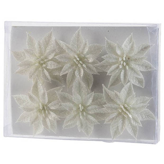 6x Kerstversieringen glitter kerstrozen wit op ijzerdraad - Kunstbloemen