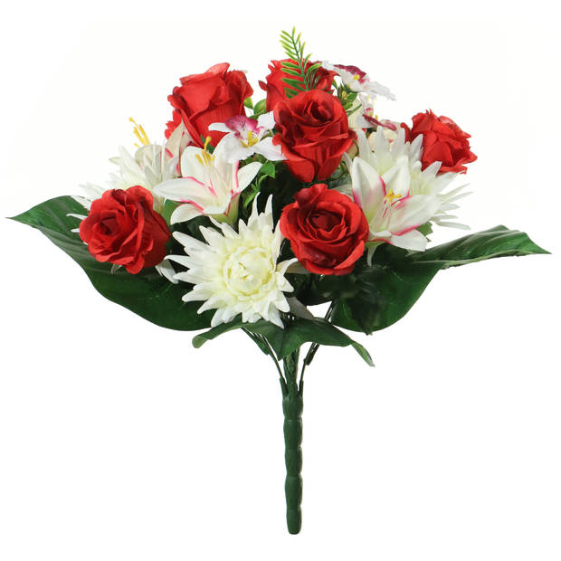 Louis Maes kunstbloemen boeket roos/orchidee/chrysant - rood/wit - H36 cm - Bloemstuk - Bladgroen - Kunstbloemen