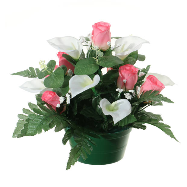 Louis Maes Kunstbloemen plantje in pot - wit/roze - 26 cm - Bloemstuk ornament - rozen met bladgroen - Kunstbloemen