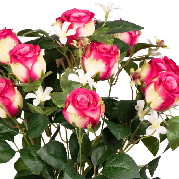 Louis Maes Kunstbloemen boeket rozen/bloesem met bladgroen - cerise - H49 cm - Bloemstuk - Kunstbloemen