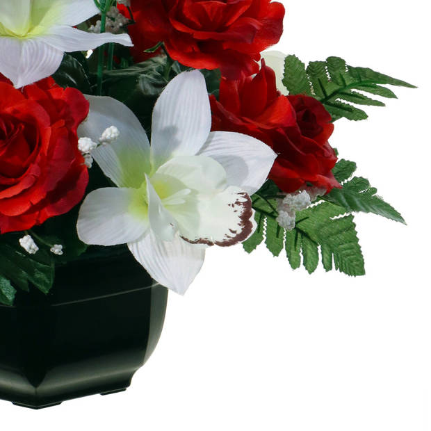 Louis Maes Kunstbloemen plantje in pot - kleuren rood/wit - 25 cm - Bloemstuk ornament - orchidee/rozen met bladgroen -