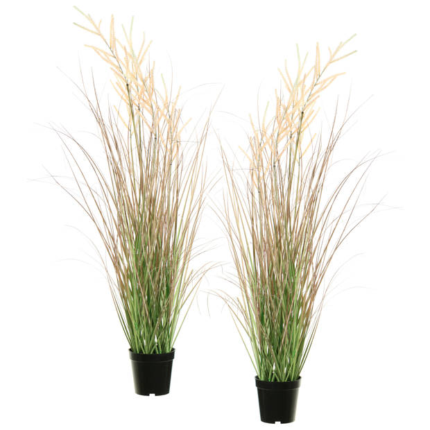Louis Maes Quality kunstplant - 2x - Siergras met pluim - groen/bruin - H105 cm - in pot - Kunstplanten