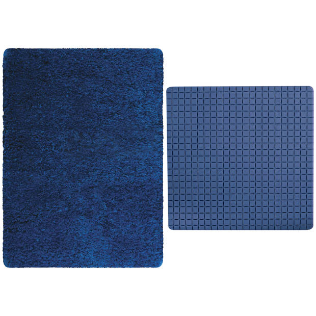 MSV Douche anti-slip mat en droogloop mat - Venice badkamer set - rubber/microvezel - donkerblauw - Badmatjes