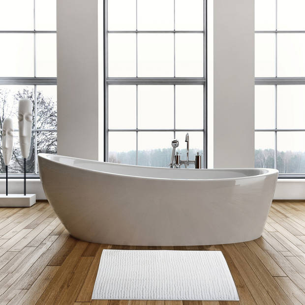 MSV badkamer droogloop mat - Milano - 40 x 60 cm - met bijpassend zeeppompje - wit - Badmatjes
