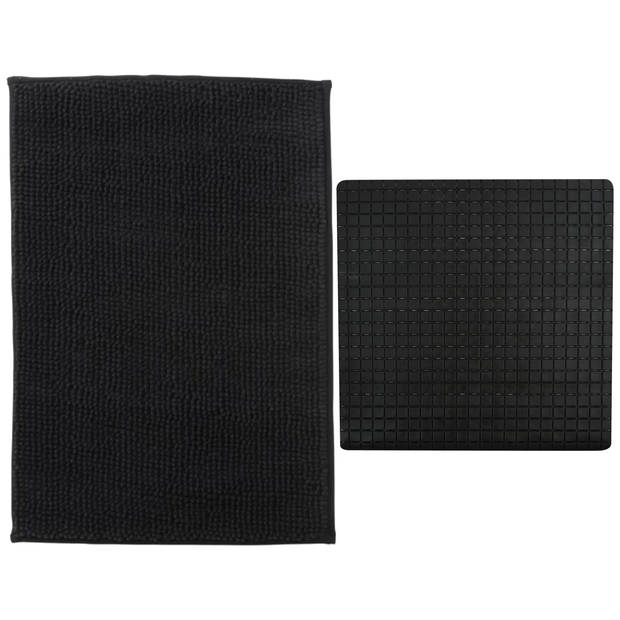 MSV Douche anti-slip mat en droogloop mat - Sevilla badkamer set - rubber/microvezel - zwart - Badmatjes