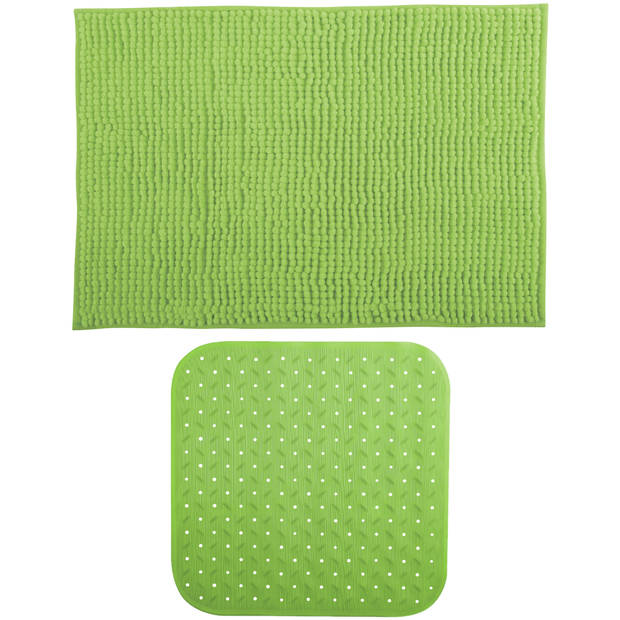 MSV Douche anti-slip mat en droogloop mat - Sevilla badkamer set - rubber/microvezel - limegroen - Badmatjes