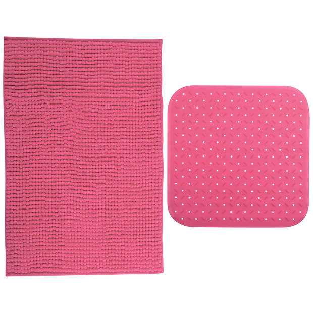 MSV Douche anti-slip mat en droogloop mat - Sevilla badkamer set - rubber/microvezel - fuchsia roze - Badmatjes