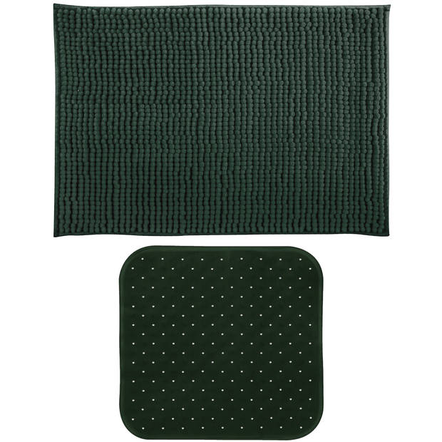 MSV Douche anti-slip mat en droogloop mat - Sevilla badkamer set - rubber/microvezel - donkergroen - Badmatjes
