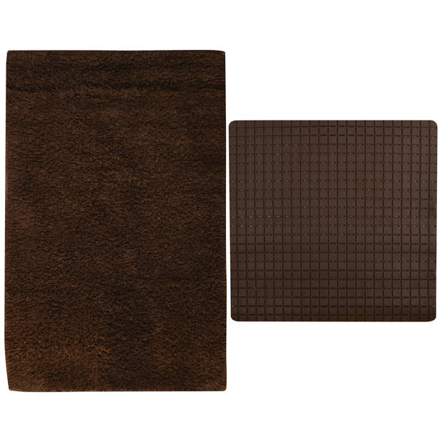 MSV Douche anti-slip mat en droogloop mat - Napoli badkamer set - rubber/polyester - bruin - Badmatjes