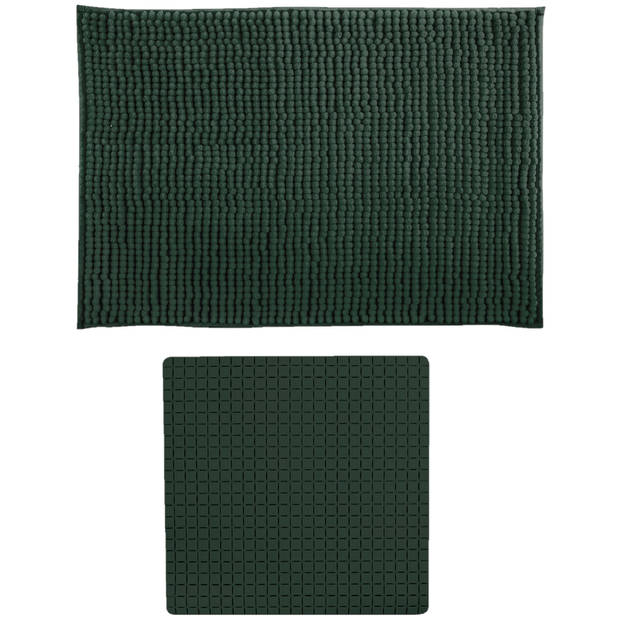 MSV Douche anti-slip mat en droogloop mat - Sevilla badkamer set - rubber/microvezel - donkergroen - Badmatjes