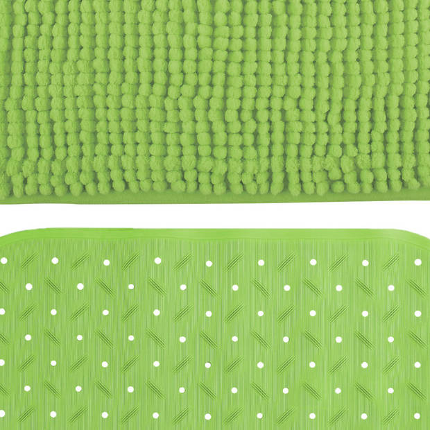 MSV Douche anti-slip mat en droogloop mat - Sevilla badkamer set - rubber/microvezel - limegroen - Badmatjes