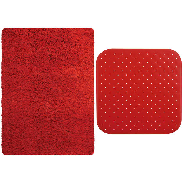 MSV Douche anti-slip mat en droogloop mat - Venice badkamer set - rubber/microvezel - rood - Badmatjes