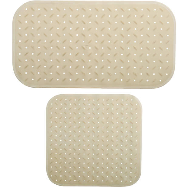 MSV Douche/bad anti-slip matten set badkamer - rubber - 2x stuks - beige - 2 formaten - Badmatjes