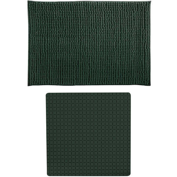 MSV Douche anti-slip mat en droogloop mat - Sevilla badkamer set - rubber/microvezel - donkergroen - Badmatjes