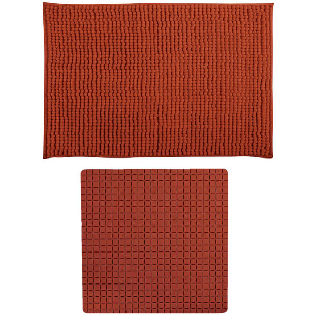 MSV Douche anti-slip mat en droogloop mat - Sevilla badkamer set - rubber/microvezel - terracotta - Badmatjes