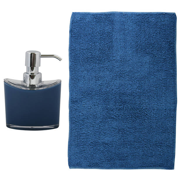 MSV badkamer droogloop mat/tapijt - Bologna - 45 x 70 cm - bijpassende kleur zeeppompje - donkerblauw - Badmatjes