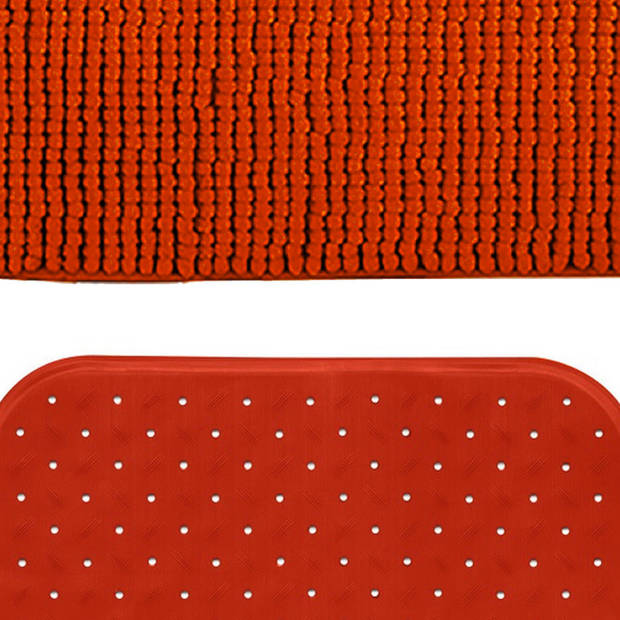 MSV Douche anti-slip mat en droogloop mat - Sevilla badkamer set - rubber/microvezel - terracotta - Badmatjes