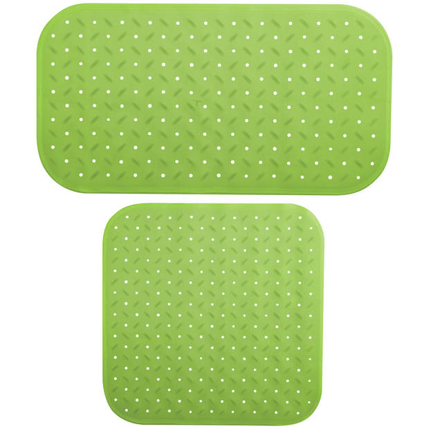 MSV Douche/bad anti-slip matten set badkamer - rubber - 2x stuks - limegroen - 2 formaten - Badmatjes