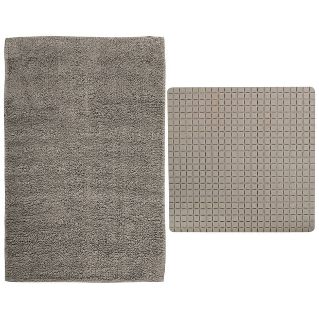 MSV Douche anti-slip mat en droogloop mat - Napoli badkamer set - rubber/polyester - beige - Badmatjes