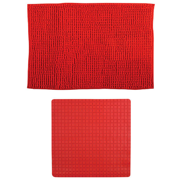 MSV Douche anti-slip mat en droogloop mat - Sevilla badkamer set - rubber/microvezel - rood - Badmatjes