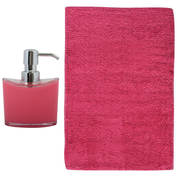 MSV badkamer droogloop mat/tapijt - Bologna - 45 x 70 cm - bijpassende kleur zeeppompje - fuchsia roze - Badmatjes