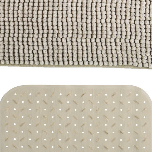 MSV Douche anti-slip mat en droogloop mat - Sevilla badkamer set - rubber/microvezel - beige - Badmatjes