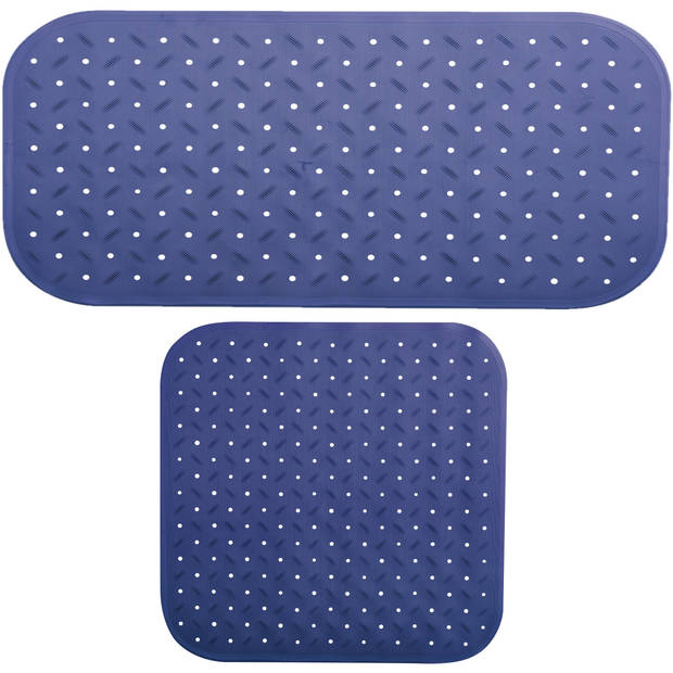 MSV Douche/bad anti-slip matten set badkamer - rubber - 2x stuks - donkerblauw - 2 formaten - Badmatjes