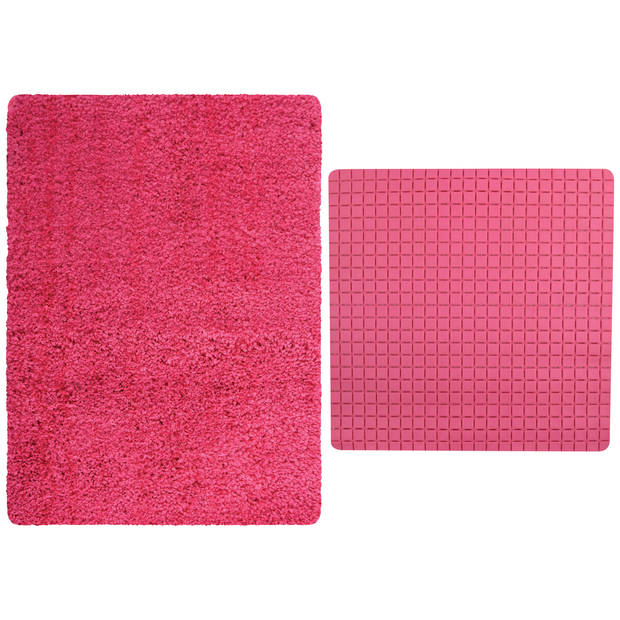 MSV Douche anti-slip mat en droogloop mat - Venice badkamer set - rubber/microvezel - fuchsia roze - Badmatjes