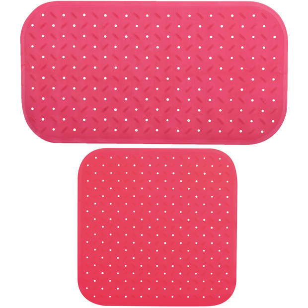 MSV Douche/bad anti-slip matten set badkamer - rubber - 2x stuks - fuchsia roze - 2 formaten - Badmatjes