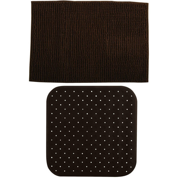 MSV Douche anti-slip mat en droogloop mat - Sevilla badkamer set - rubber/microvezel - bruin - Badmatjes