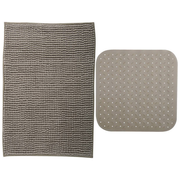 MSV Douche anti-slip mat en droogloop mat - Sevilla badkamer set - rubber/microvezel - beige - Badmatjes