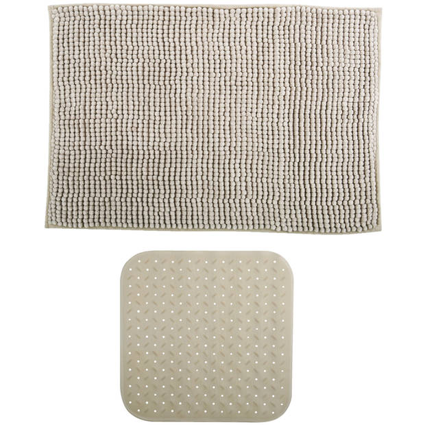 MSV Douche anti-slip mat en droogloop mat - Sevilla badkamer set - rubber/microvezel - beige - Badmatjes