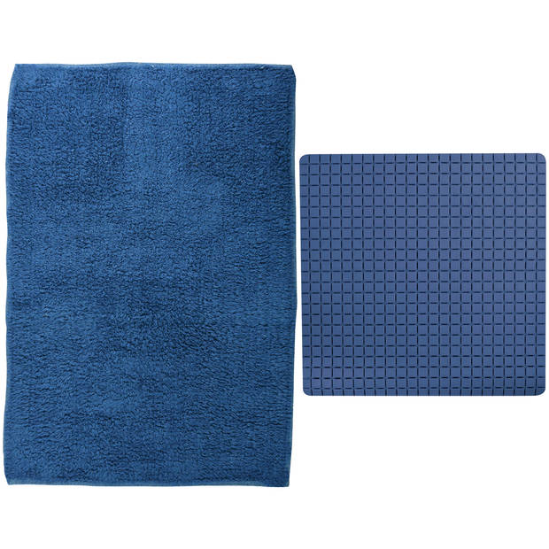 MSV Douche anti-slip mat en droogloop mat - Napoli badkamer set - rubber/polyester - donkerblauw - Badmatjes