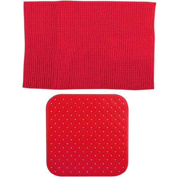 MSV Douche anti-slip mat en droogloop mat - Sevilla badkamer set - rubber/microvezel - rood - Badmatjes