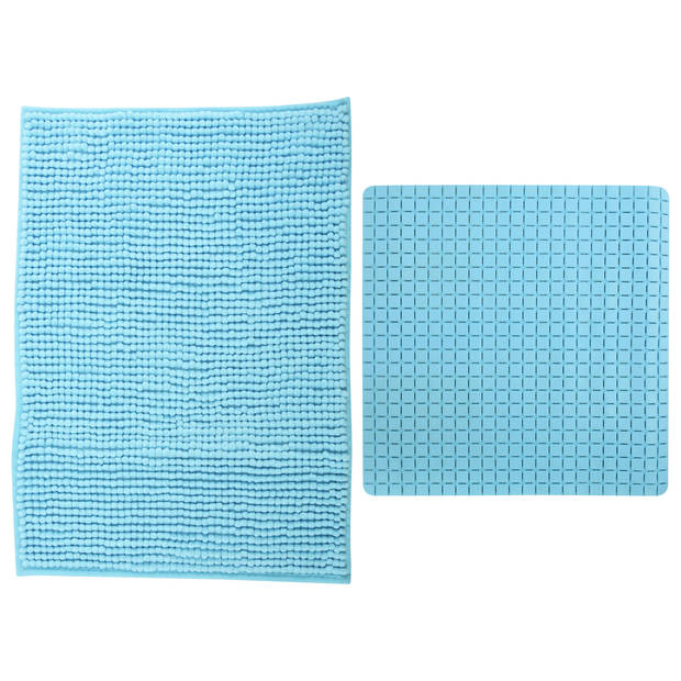 MSV Douche anti-slip mat en droogloop mat - Sevilla badkamer set - rubber/microvezel - lichtblauw - Badmatjes