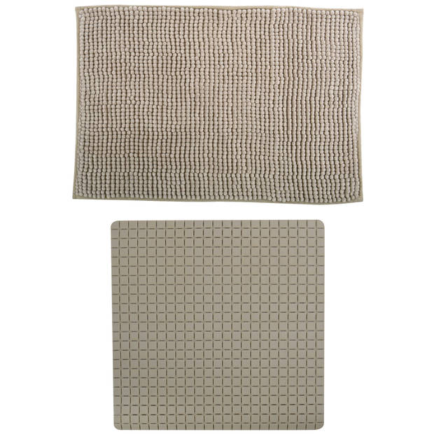 MSV Douche anti-slip mat en droogloop mat - Sevilla badkamer set - rubber/microvezel - beige - Badmatjes