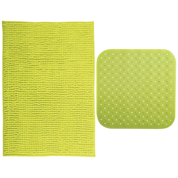 MSV Douche anti-slip mat en droogloop mat - Sevilla badkamer set - rubber/microvezel - limegroen - Badmatjes