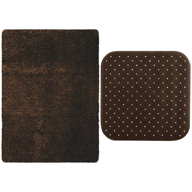 MSV Douche anti-slip mat en droogloop mat - Venice badkamer set - rubber/microvezel - bruin - Badmatjes