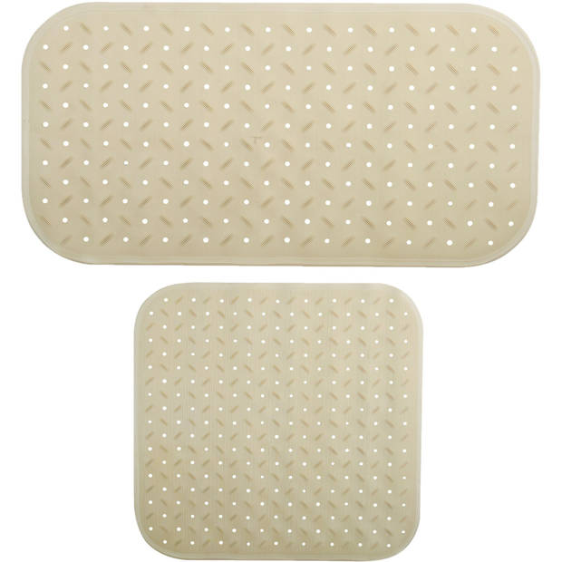 MSV Douche/bad anti-slip matten set badkamer - rubber - 2x stuks - beige - 2 formaten - Badmatjes