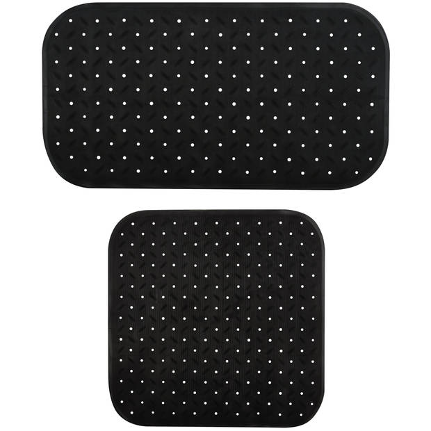 MSV Douche/bad anti-slip matten set badkamer - rubber - 2x stuks - zwart - 2 formaten - Badmatjes