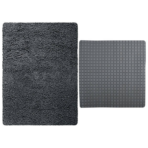 MSV Douche anti-slip mat en droogloop mat - Venice badkamer set - rubber/microvezel - donkergrijs - Badmatjes