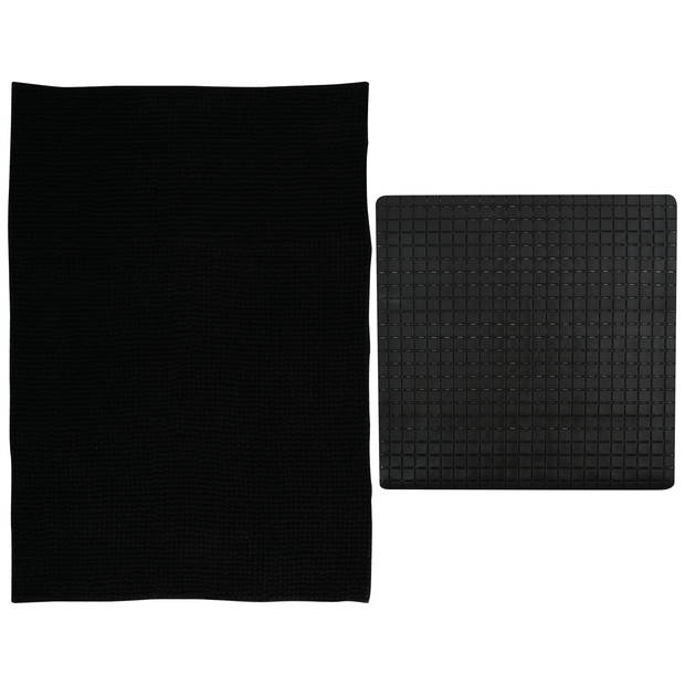 MSV Douche anti-slip mat en droogloop mat - Sevilla badkamer set - rubber/microvezel - zwart - Badmatjes