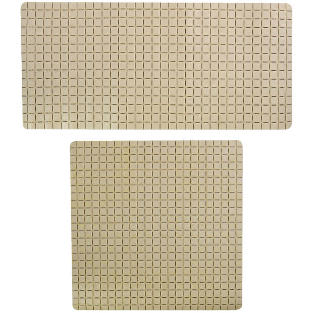 MSV Douche/bad anti-slip matten set badkamer - rubber - 2x stuks - beige - 2 formaten - Badmatjes